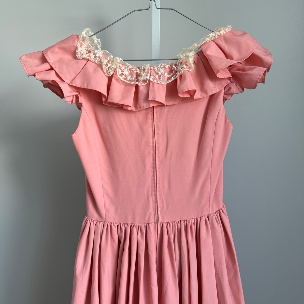VTG Victorian Pink Renaissance Ruffle Lace Prairie Maxi Dress Cottagecore Gown - Picture 8 of 9